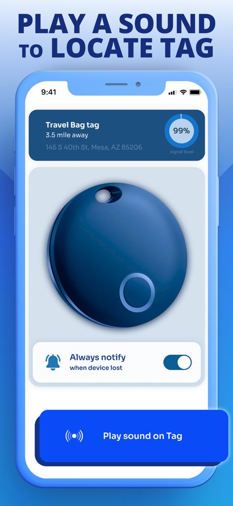 Interface of Air Tracker app showing a travel bag tag with an option to play a sound for easy location