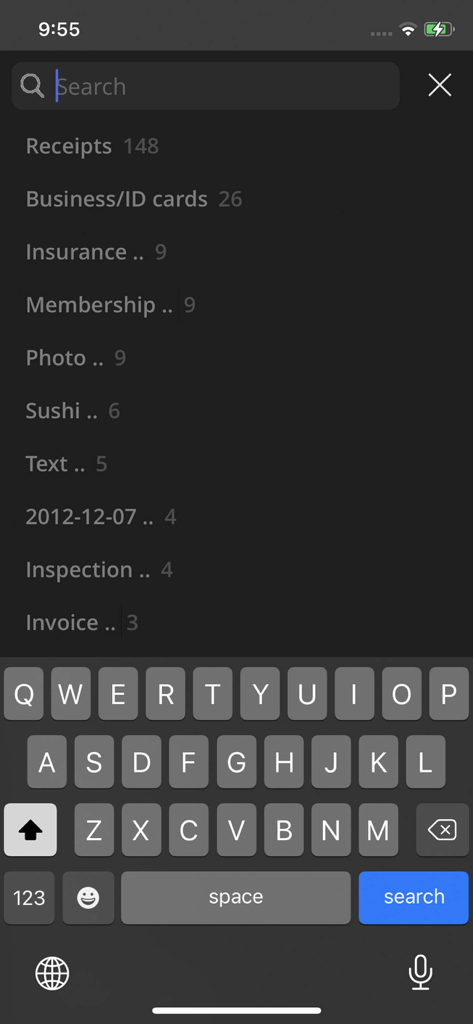 TurboScan™: document scanner - TurboScan app search screen showing organized document categories and folders.