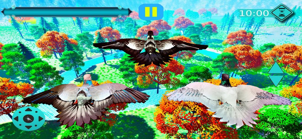 flying pigeon bird simulator - Three pigeons flying together over a vibrant autumn forest in the bird simulator game.
