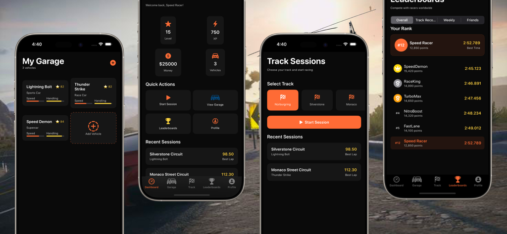 RaceLab Auto Performance Simu - Screenshots of RaceLab Auto Performance Simu app showing car garage and track leaderboards