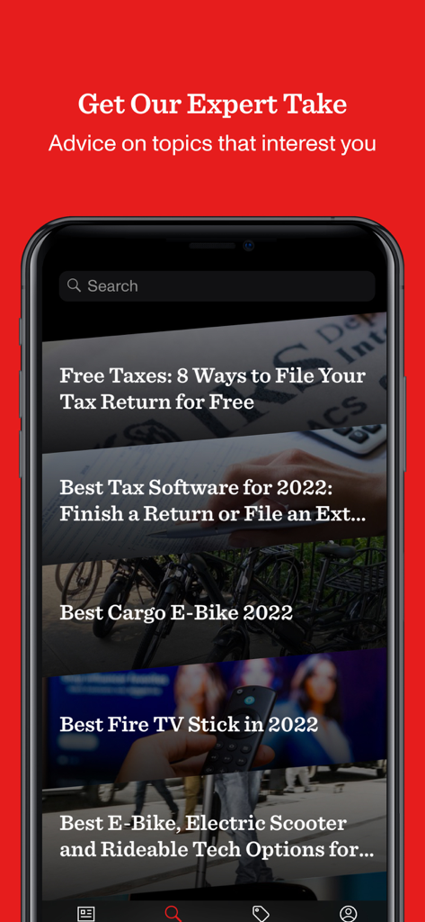 Smartphone screen showing CNET app with expert advice articles on tech and consumer products