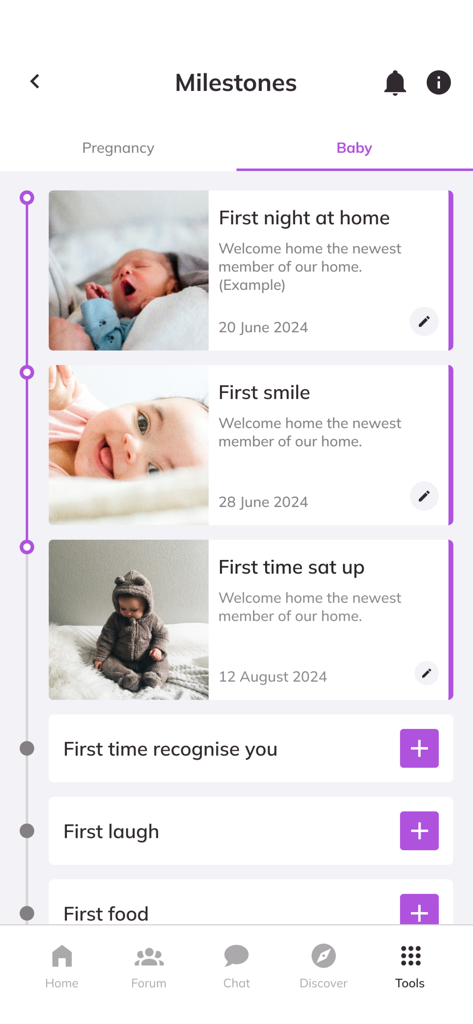 Timeline of baby milestones with photos and dates in the EVE app