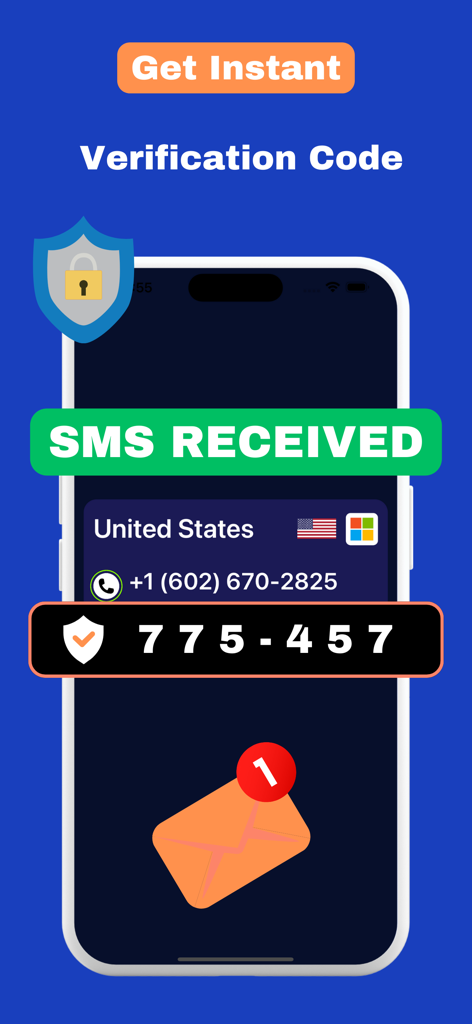 A smartphone screen displaying a virtual US phone number and a received SMS verification code.