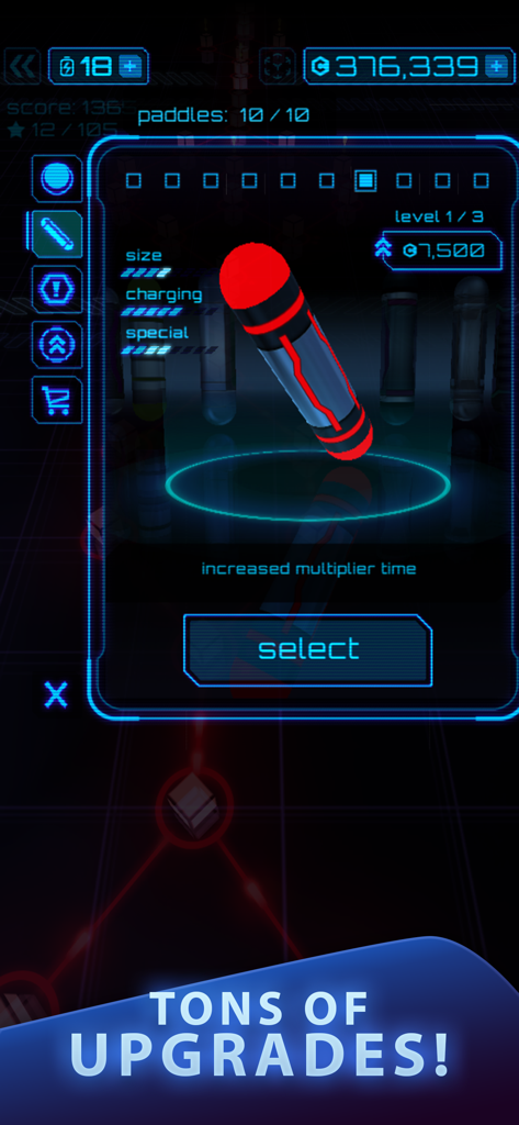 Micro Breaker - Micro Breaker game interface showing paddle customization and upgrade options with a futuristic design.