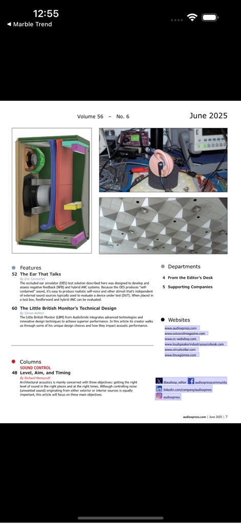 audioXpress 잡지의 목차로, 기술 오디오 엔지니어링 기사 및 다이어그램을 보여줍니다.