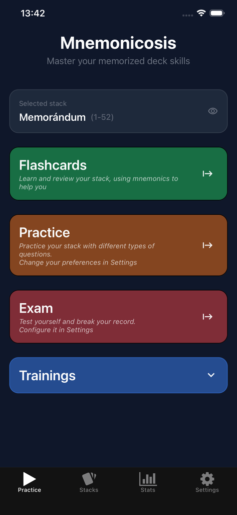 Mnemonicosis - Main menu of the Mnemonicosis app displaying training options such as Flashcards, Practice, and Exam for mastering memorized card decks.