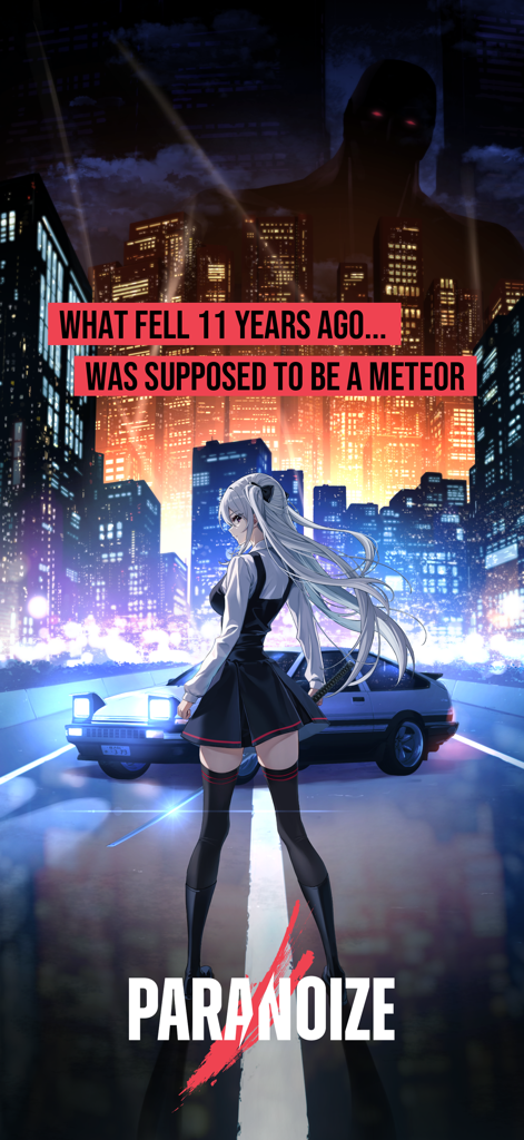 Anime girl in school uniform standing on a road in a night city under a giant silhouette in Paranoize