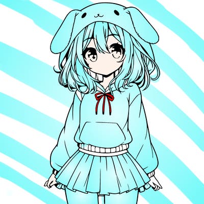 pretty anime girl wearing a fluffy hoodie with bunny ears on the hood and a skirt