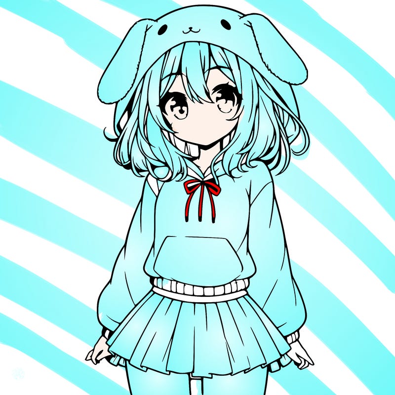 pretty anime girl wearing a fluffy hoodie with bunny ears on the hood and a skirt