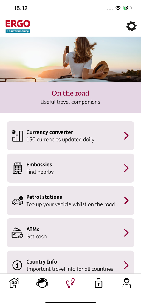 ERGO travel & care - ERGO travel and care app displaying travel companion tools such as currency converter and embassy finder