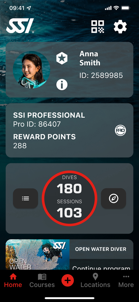 MySSI mobile app dashboard displaying user profile dive statistics and certification status
