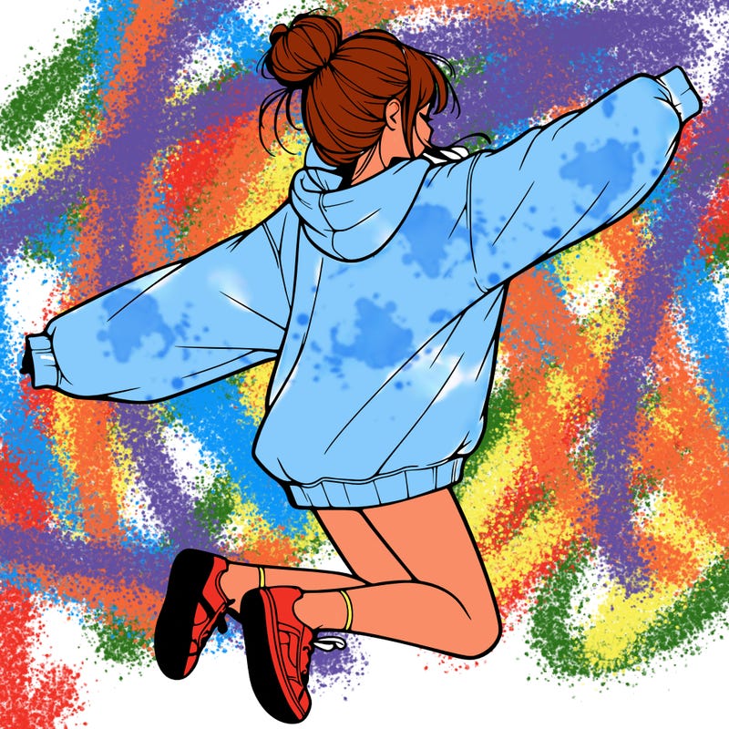 realistic girl jumping with a bun and oversized sweatshirt