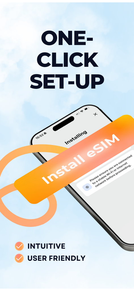 HUBBY eSIM - Pantalla de iPhone que muestra el proceso de configuración e instalación de HUBBY eSIM con un clic