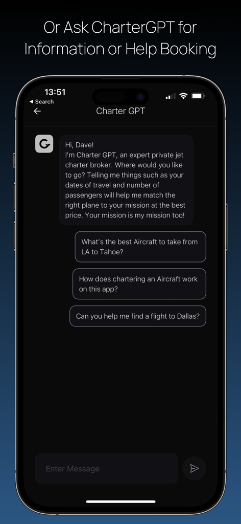 CharterGPT - CharterGPT AI assistant interface showing conversational private jet booking options