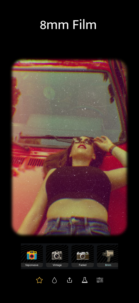 Vintage Camera: Analog Film - Vintage 8mm film effect on a photo of a woman with grainy texture and retro filters