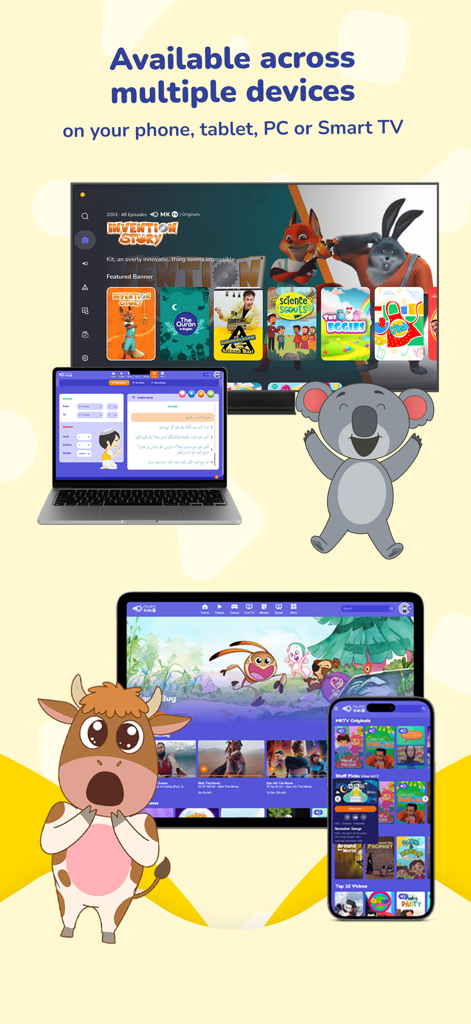 Muslim Kids TV - Muslim Kids TV interface displayed across a Smart TV, laptop, tablet, and smartphone.