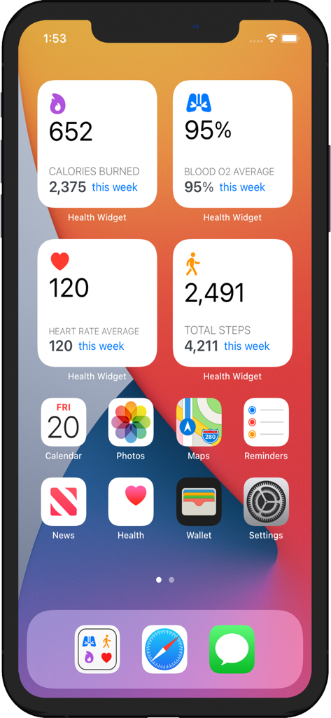 Health Widget App Pro - An iPhone home screen displaying four health widgets for calories, blood oxygen, heart rate, and total steps.