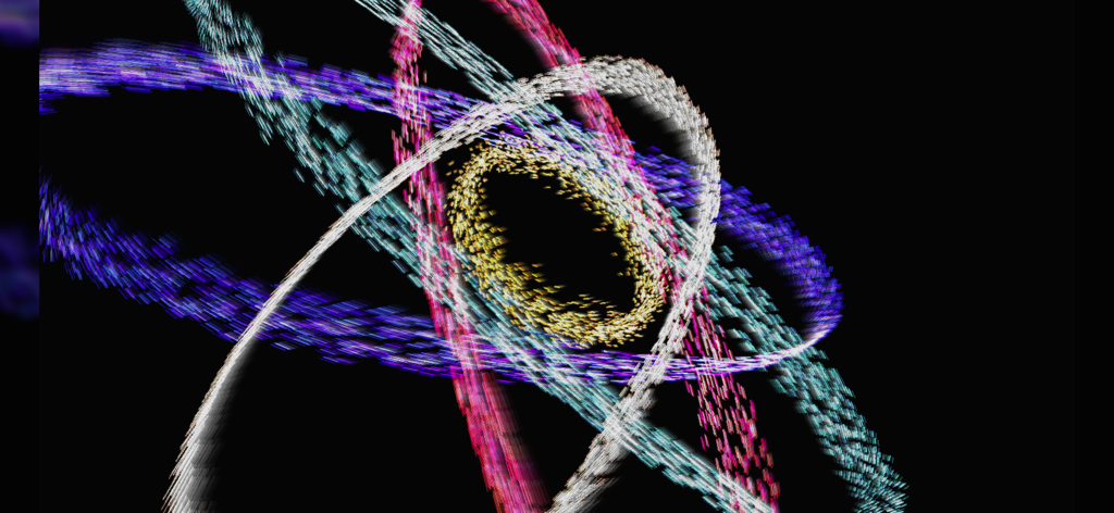 A 3D visualization of colorful glowing particle rings on a black background