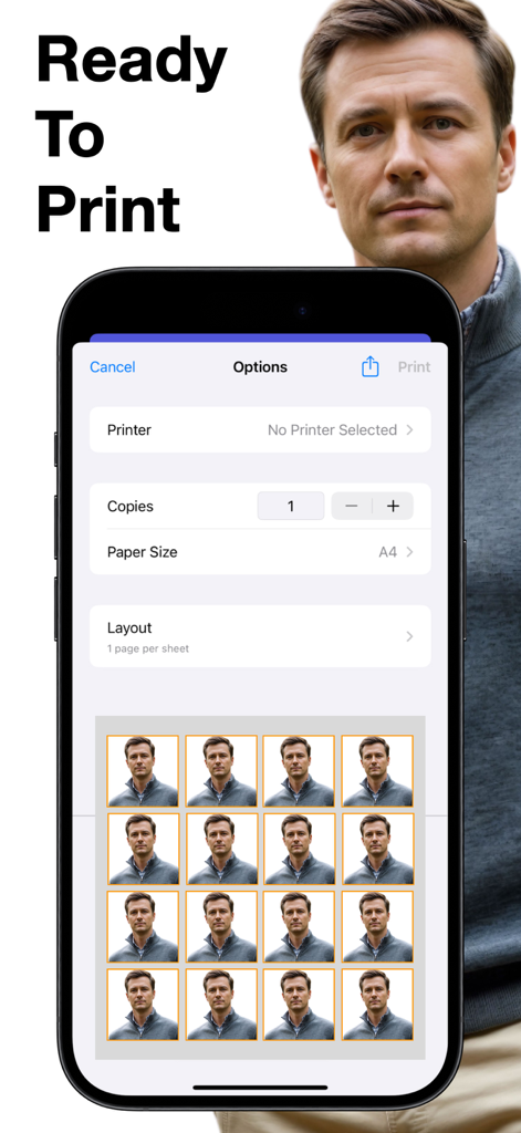 Una pantalla de smartphone que muestra opciones de impresión y una disposición en cuadrícula para varias fotos de pasaporte