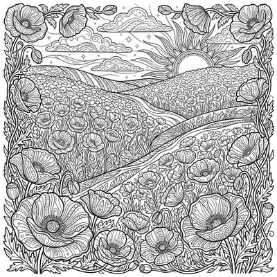 Discover a breathtaking landscape of blooming poppy fields with this intricate coloring page designed for adults. Each flower and natural element is filled with elaborate patterns, promising hours of mindful coloring.