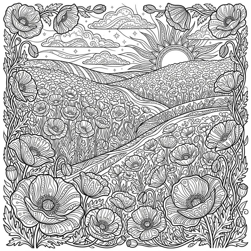 Discover a breathtaking landscape of blooming poppy fields with this intricate coloring page designed for adults. Each flower and natural element is filled with elaborate patterns, promising hours of mindful coloring.