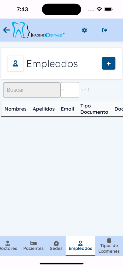 Interfaz de la aplicación Imágenes Dentales que muestra la sección de gestión de empleados con una barra de búsqueda y encabezados de lista
