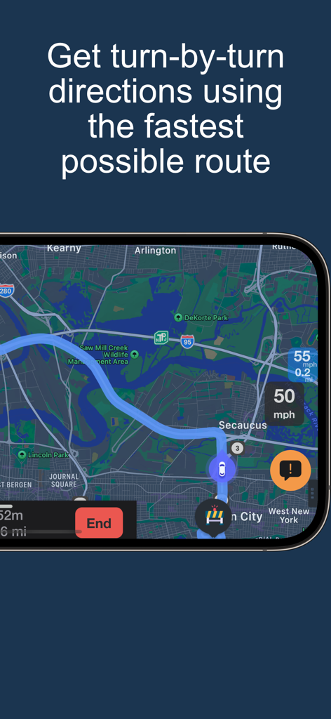 La aplicación de Navegación Waye muestra un mapa con una línea de ruta azul y alertas de velocidad actual.