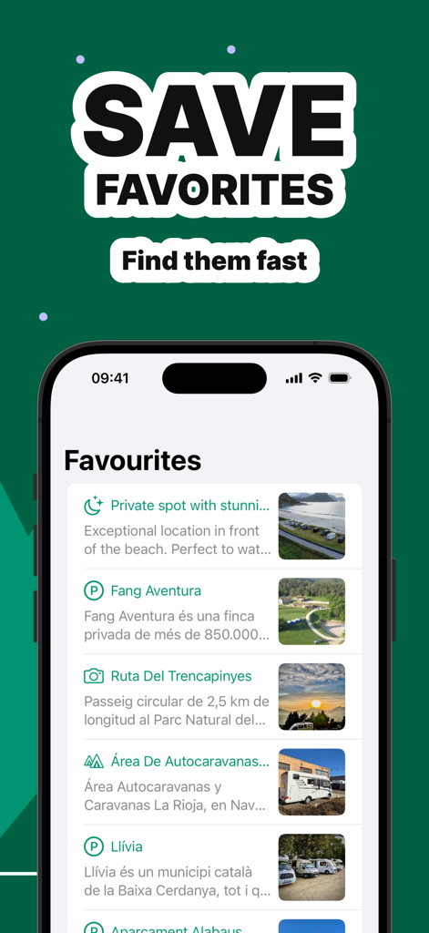 Campernight RV & Camper Spots - Campernight app screen showing a list of saved favorite RV and camper spots