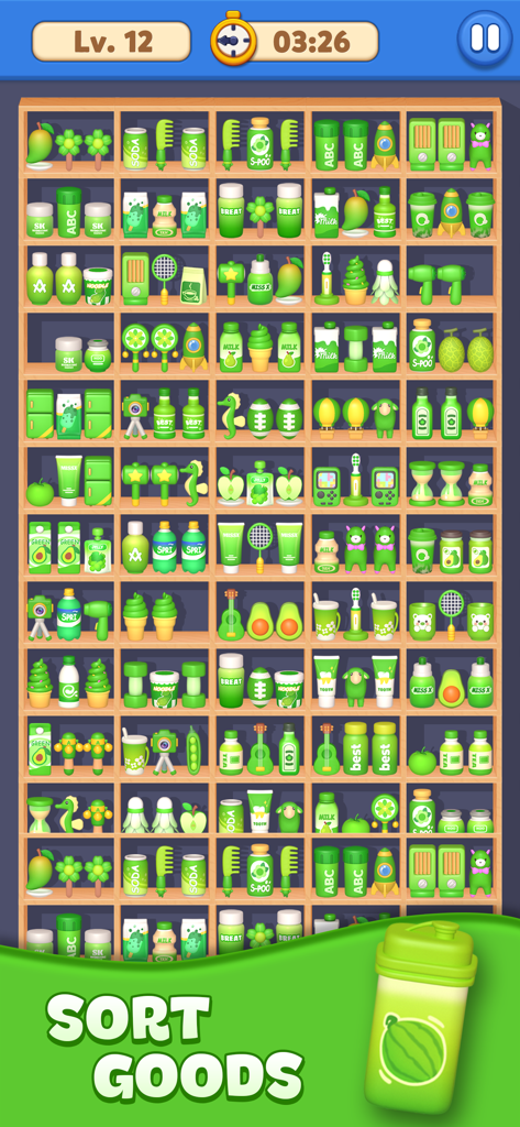 A wooden shelf filled with various green 3D household items to be sorted in a puzzle game