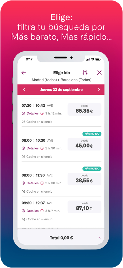 Interfaz de la aplicación Renfe mostrando opciones y precios de billetes de tren para viajes entre Madrid y Barcelona.