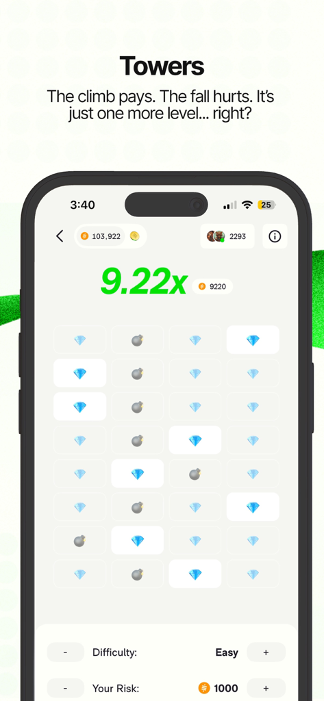 Ember app Towers game interface with gems and a multiplier