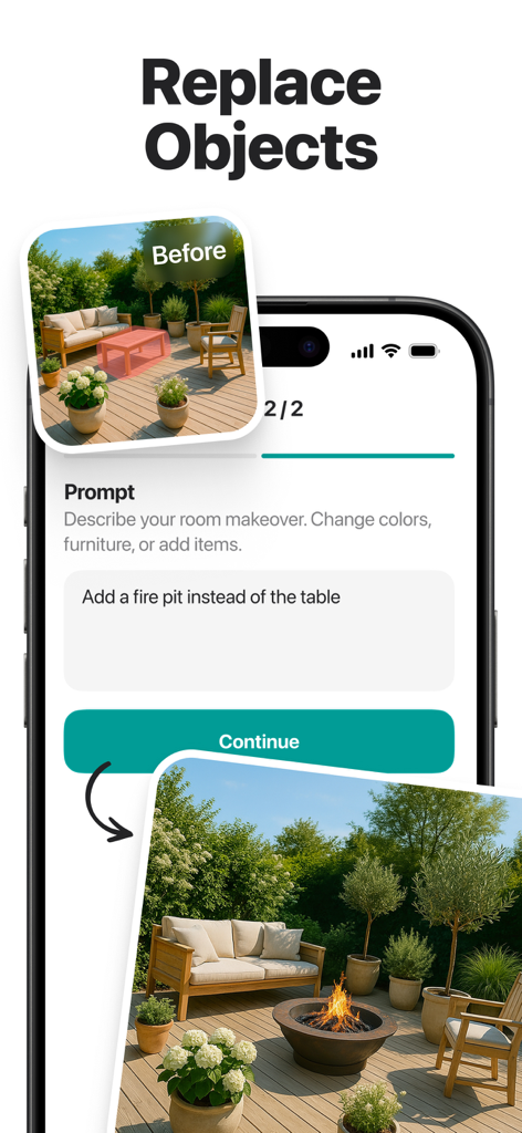 AI Home Design - Renovo - Renovo AI app demonstrating replacing a patio table with a fire pit through a text prompt