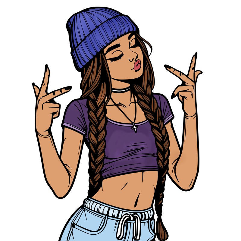 realistic teenage girl with braids and a beanie and crop top doing 🫶🏼
