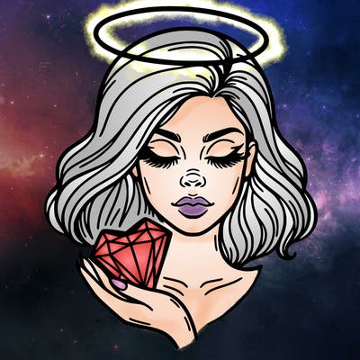 a face of a woman with an halo above her head and a crystal heart in her hand
