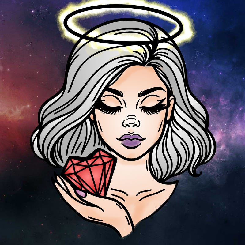 a face of a woman with an halo above her head and a crystal heart in her hand