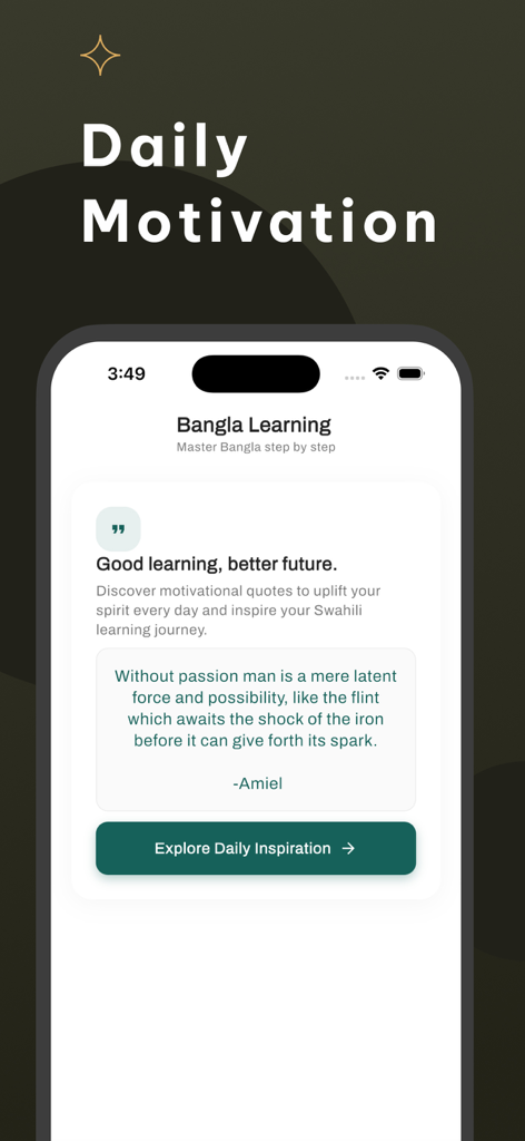 Bildschirm mit täglicher Motivation und einem inspirierenden Zitat in der Bangla-Sprachlern-App