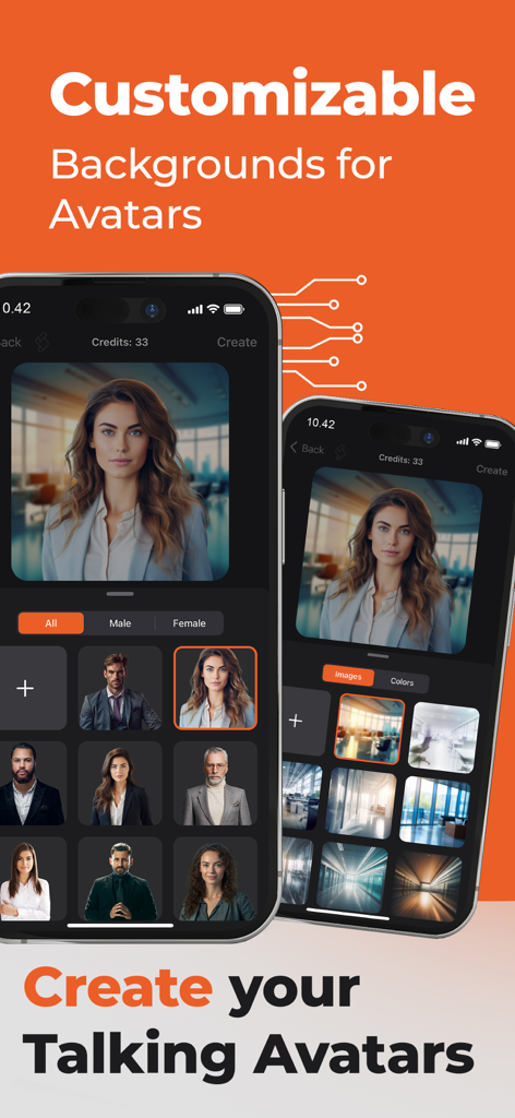 Avatalk - AI Video Generator - Avatalk mobile app interface showing AI avatar selection and customizable backgrounds