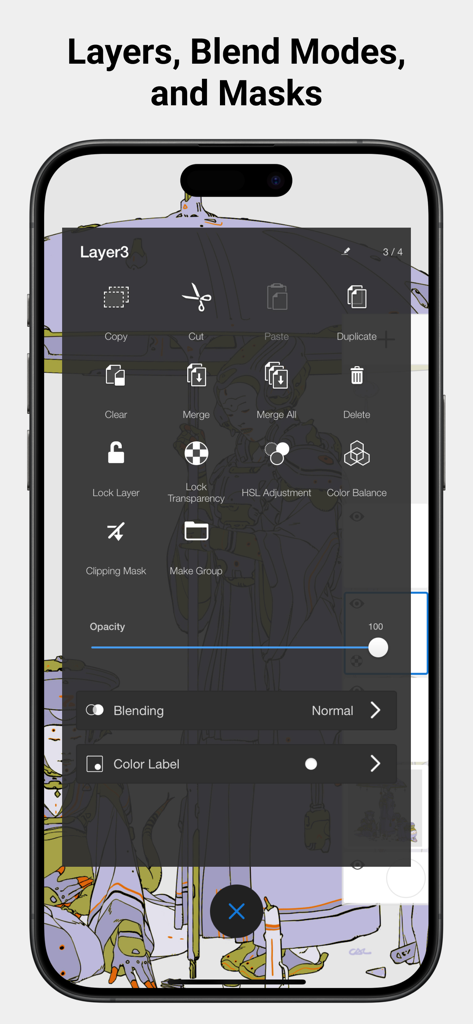 Sketchbook® - Interface of the Sketchbook app on iPhone showing advanced layer controls including blend modes and masking tools over a digital illustration.