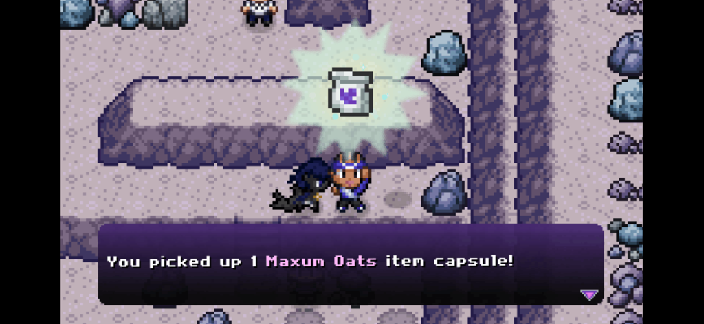 Battle Gem Ponies - A pixel art trainer character picking up a Maxum Oats item capsule in Battle Gem Ponies