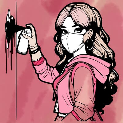 realistic girl with mask spray painting a wall