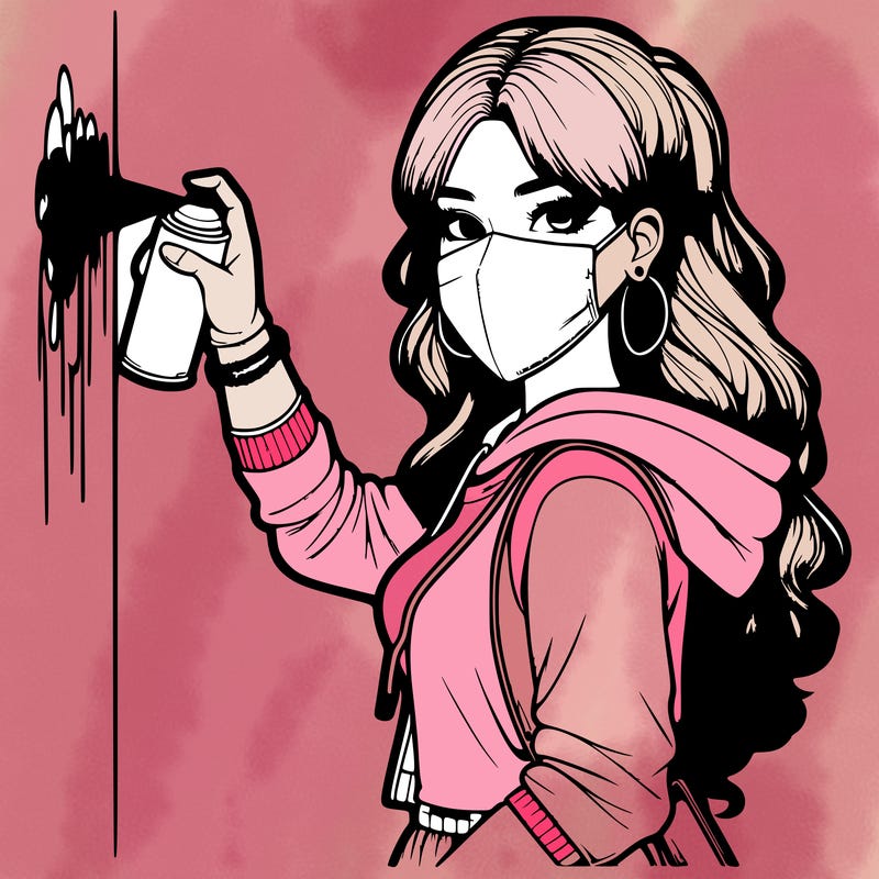 realistic girl with mask spray painting a wall