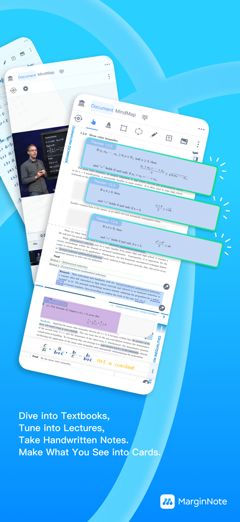 MarginNote 4: AI Notes·MindMap - MarginNote 4 app interface showing study cards being created from a math textbook and a video lecture