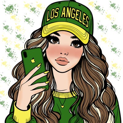 realistic beautiful girl wearing los ángeles cap holding an iphone