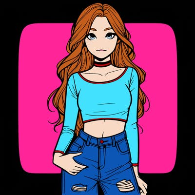 a realistic girl in a crop top and ripped jeans with long hair