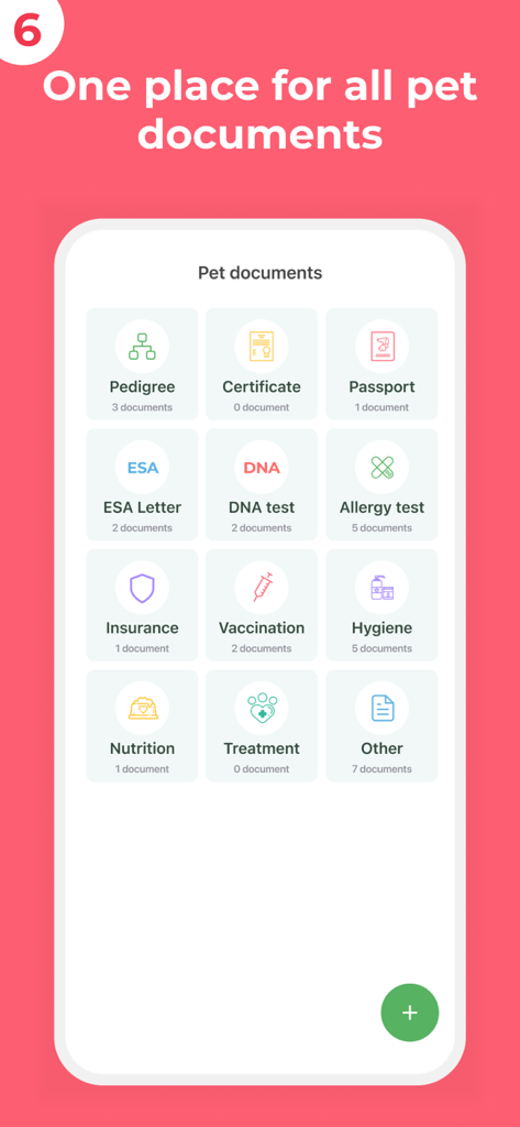 WAUDOG Smart ID - WAUDOG Smart IDアプリの予防接種、保険、医療記録などのペット文書カテゴリのグリッドを表示するモバイルアプリインターフェース。