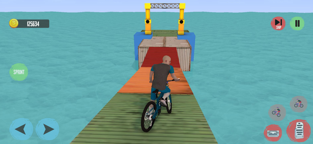Fearless BMX Bicycle Simulator - Eine Person fährt in einem Simulatorspiel mit einem BMX-Fahrrad auf einer Holzplattformstrecke über dem Meer.
