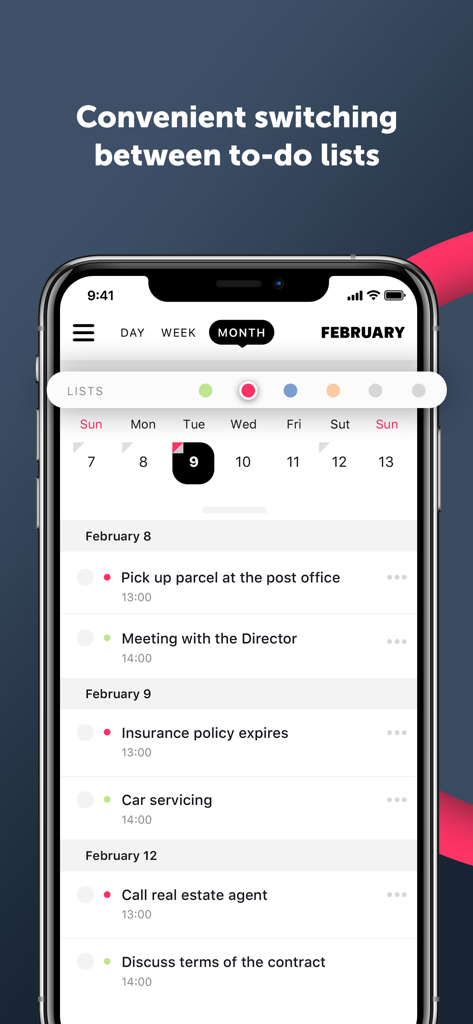 Planner iPlan - todo,diary - iPlan mobile app interface showing a monthly calendar view and a list of daily scheduled tasks