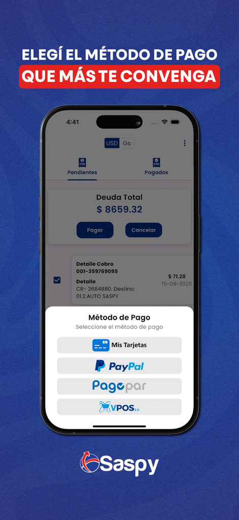 Saspy Express app screen showing payment options including PayPal and credit cards for international shipping services
