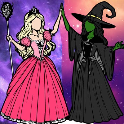 detailed realistic split of a princess and a witch