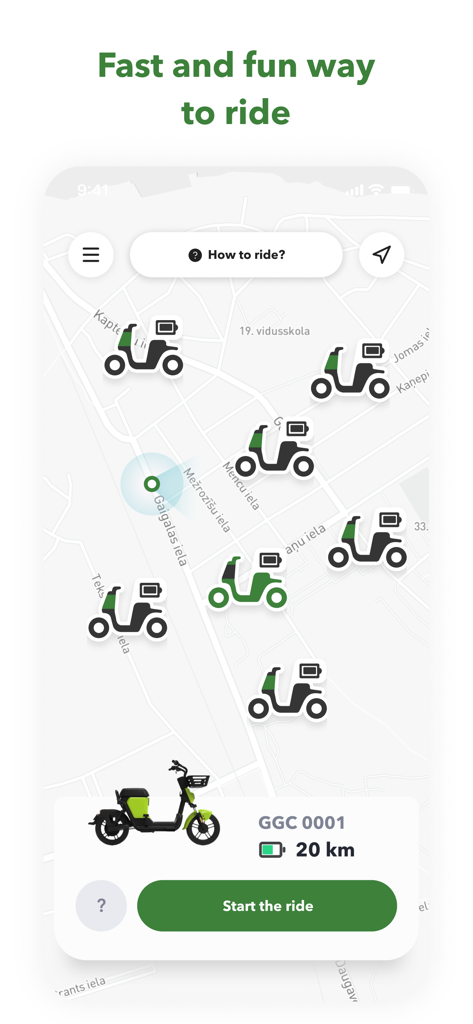 GGC - Green Mobility Solutions - Vista del mapa de la aplicación GGC que muestra las ubicaciones de patinetes eléctricos disponibles con niveles de batería y un botón para iniciar el viaje